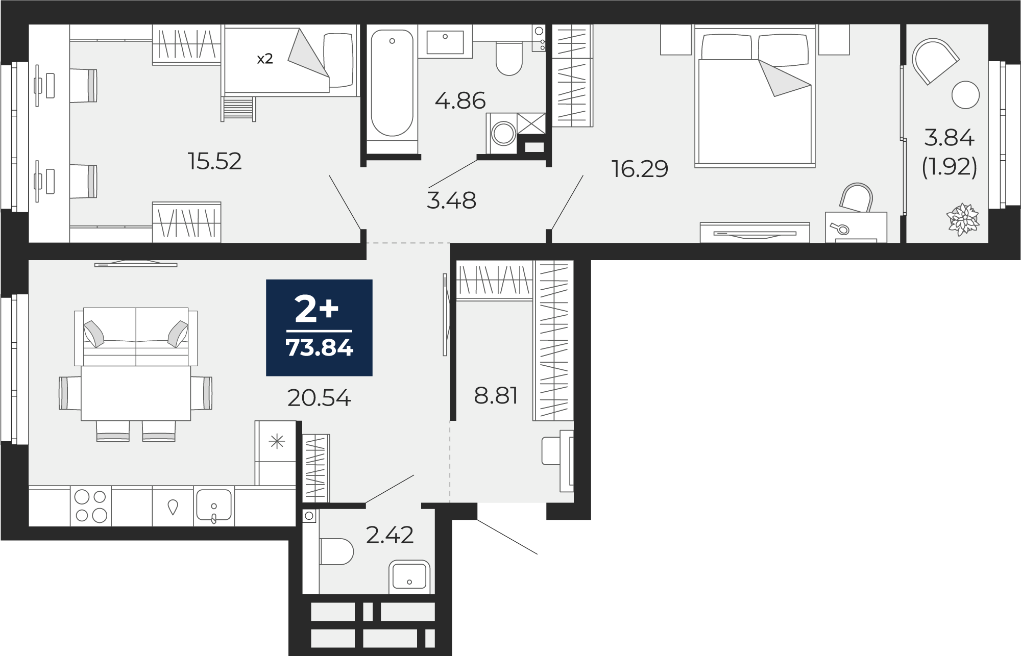 Квартира № 431, 2-комнатная, 73.84 кв. м, 2 этаж