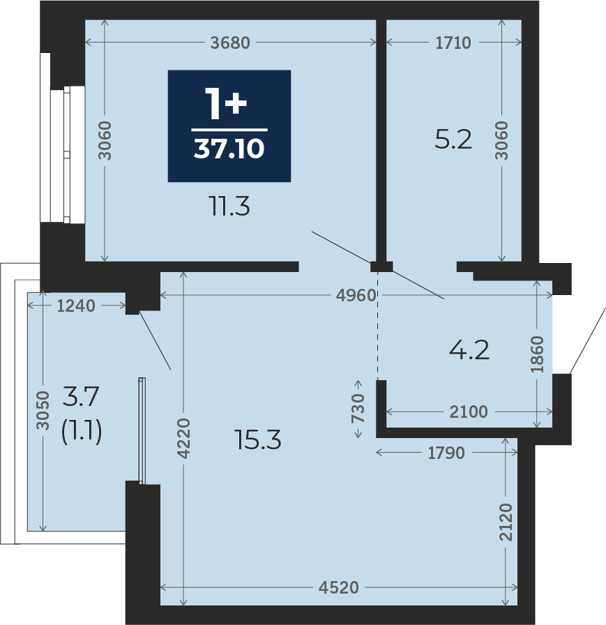 Квартира № 183, 1-комнатная, 37.1 кв. м, 15 этаж