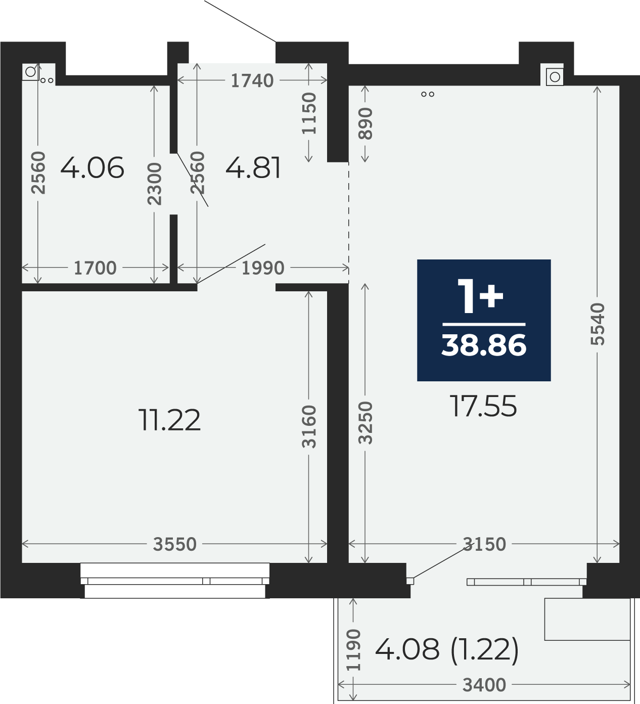 Квартира № 67, 1-комнатная, 38.86 кв. м, 10 этаж