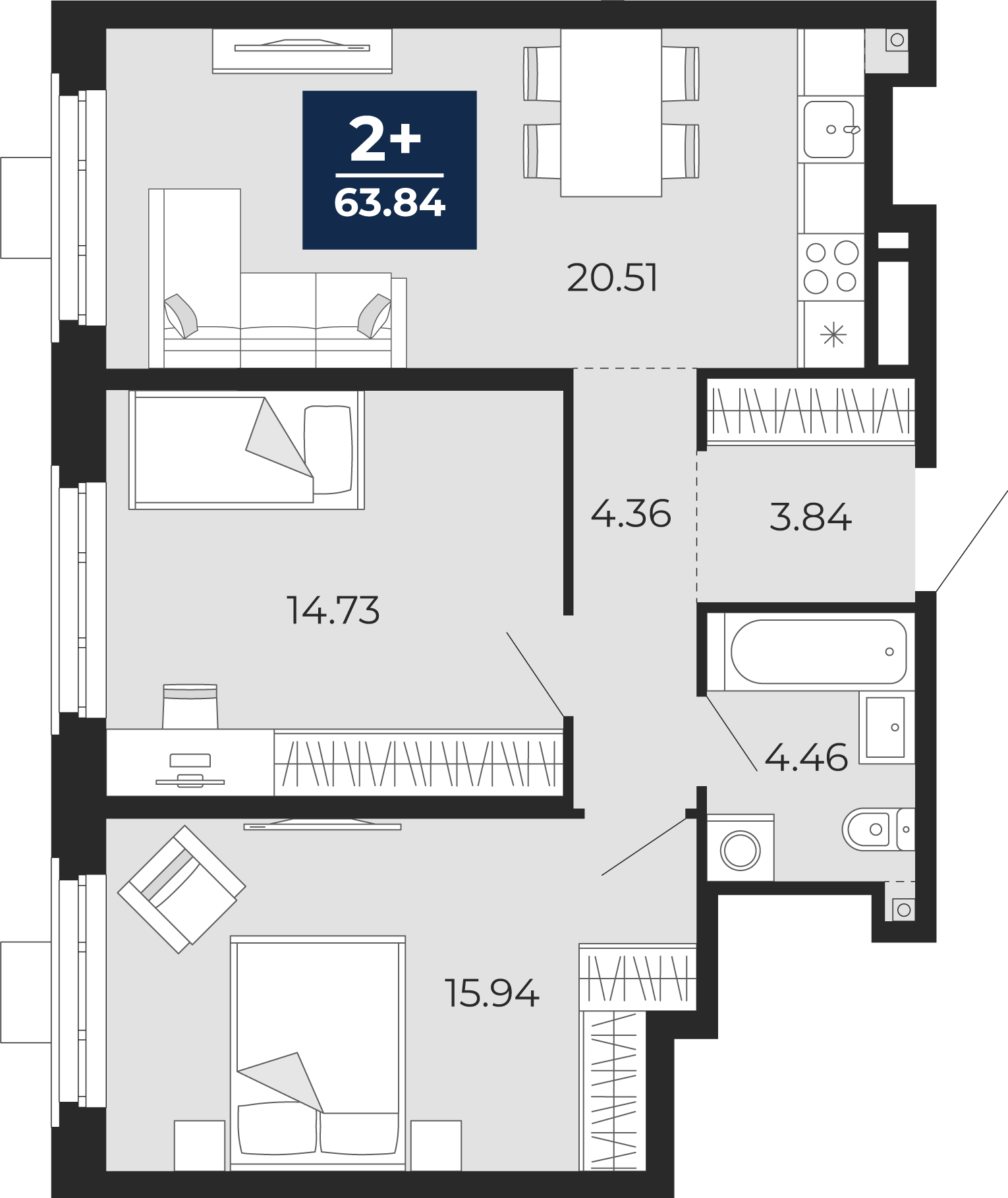 Планировка: Евротрешка 63.8 м² в ЖК Айвазовский, 5-й Заречный