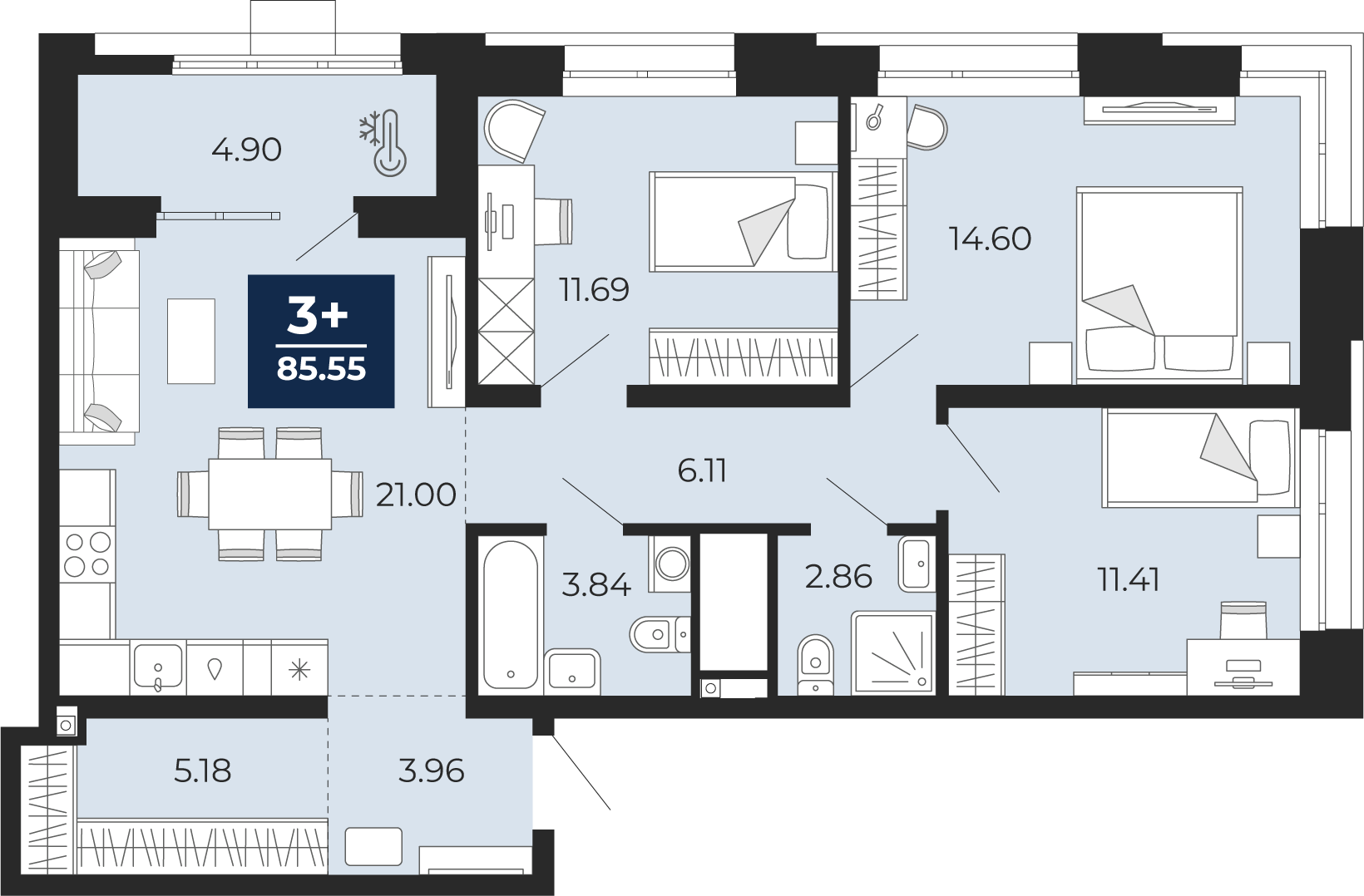 Планировка: 4-комнатная евро 85.5 м² в ЖК Мириады, Мыс