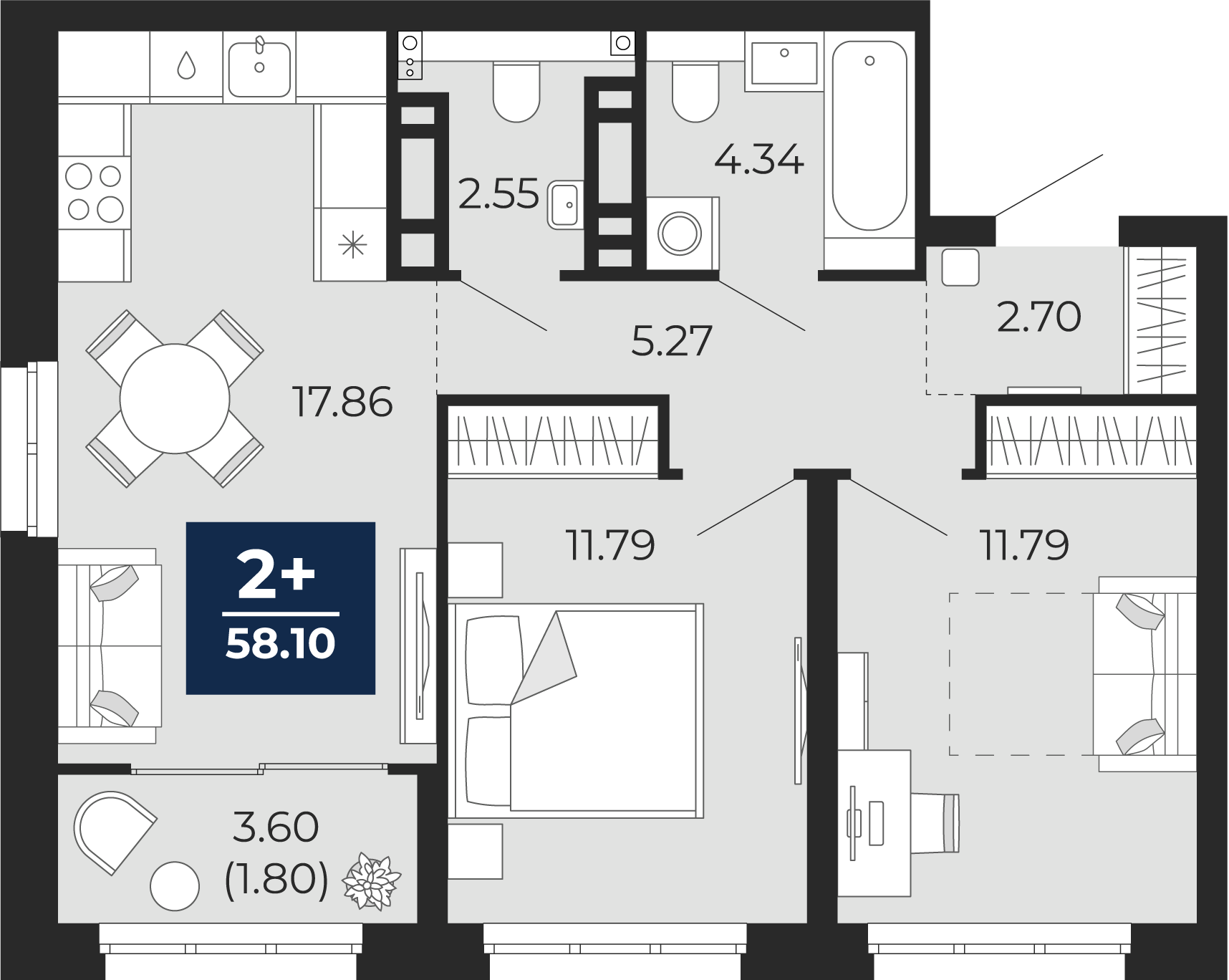 Квартира № 559, 2-комнатная, 58.1 кв. м, 3 этаж