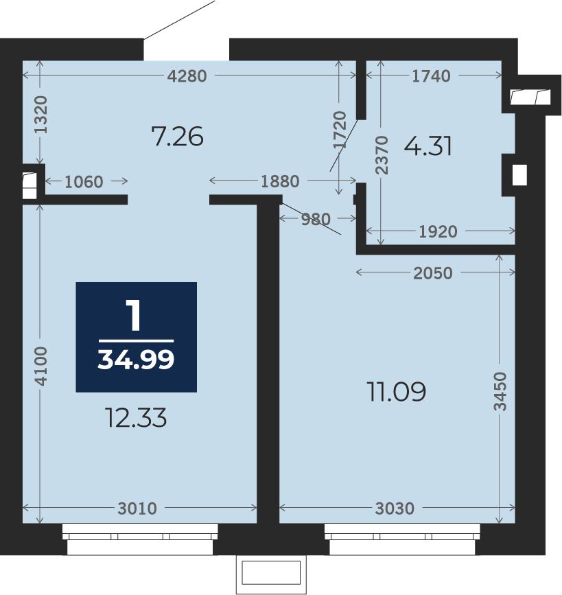 Квартира № 183, 1-комнатная, 34.99 кв. м, 1 этаж