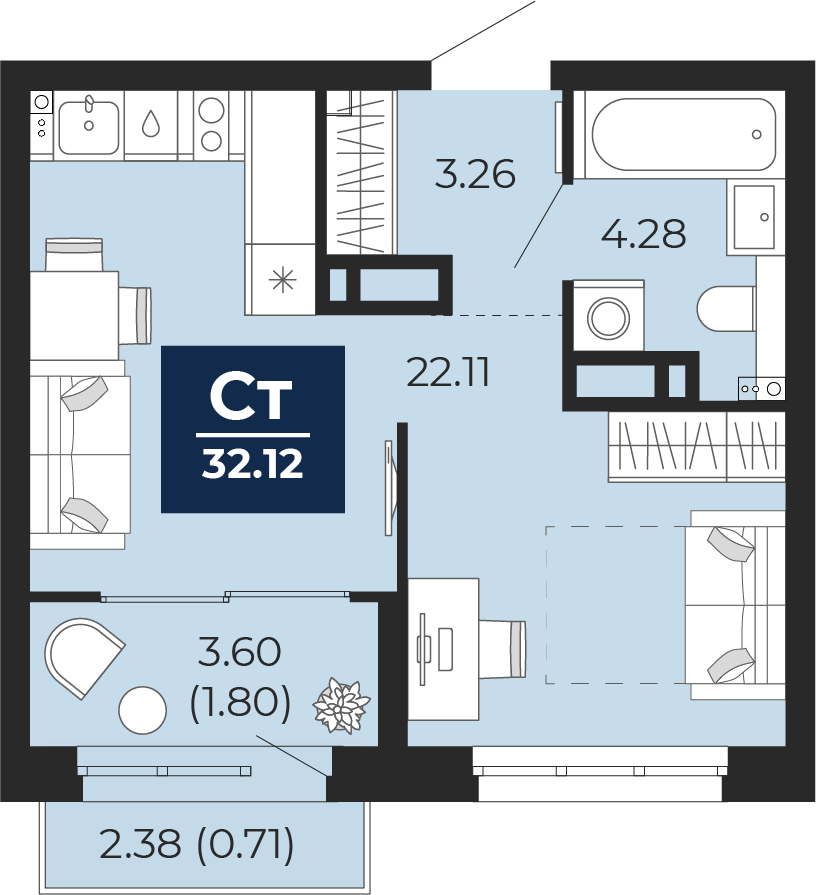 Квартира № 588, Студия, 32.12 кв. м, 9 этаж