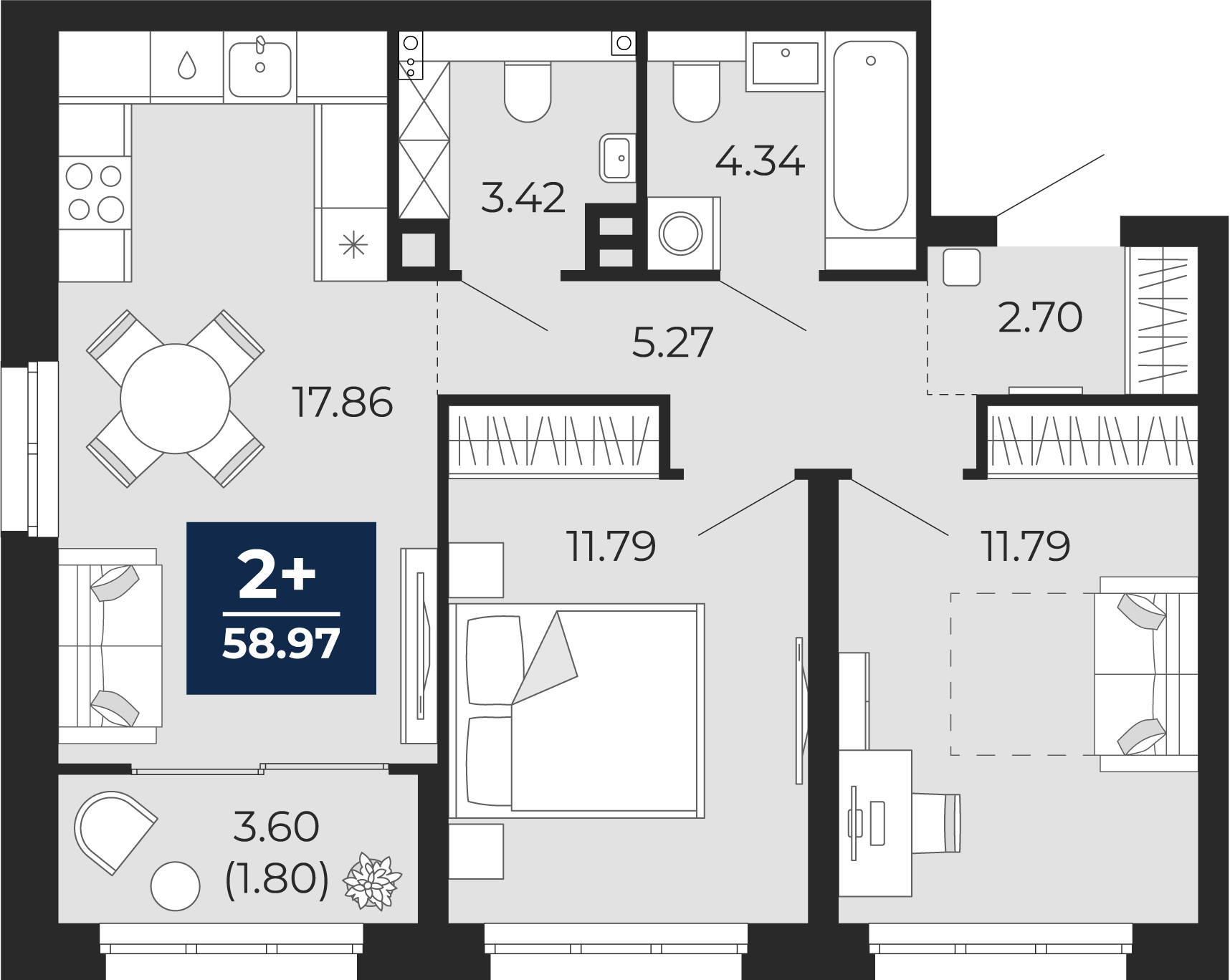 Квартира № 554, 2-комнатная, 58.97 кв. м, 2 этаж