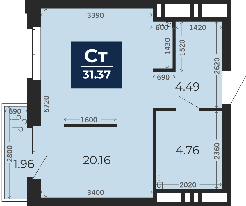 Квартира № 8, 1-комнатная, 30 кв. м, 2 этаж