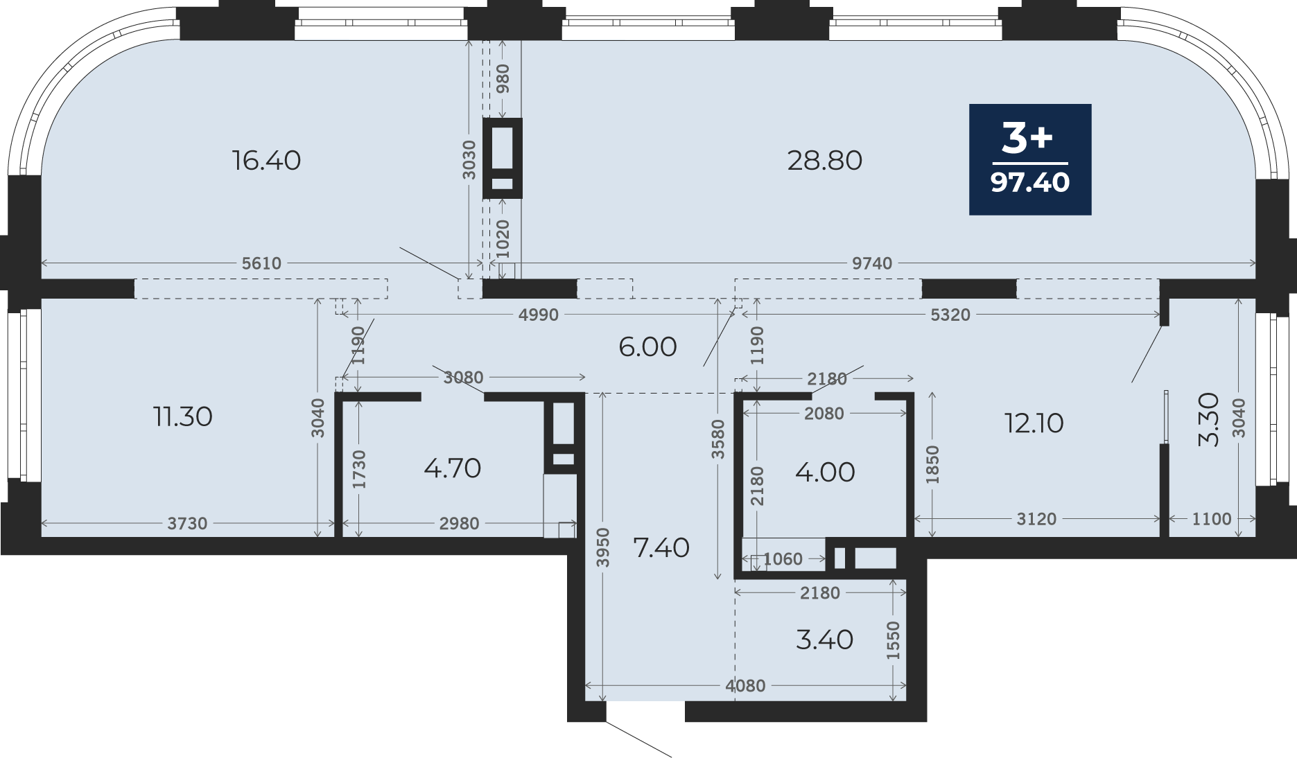Квартира № 432, 3-комнатная, 97.4 кв. м, 9 этаж