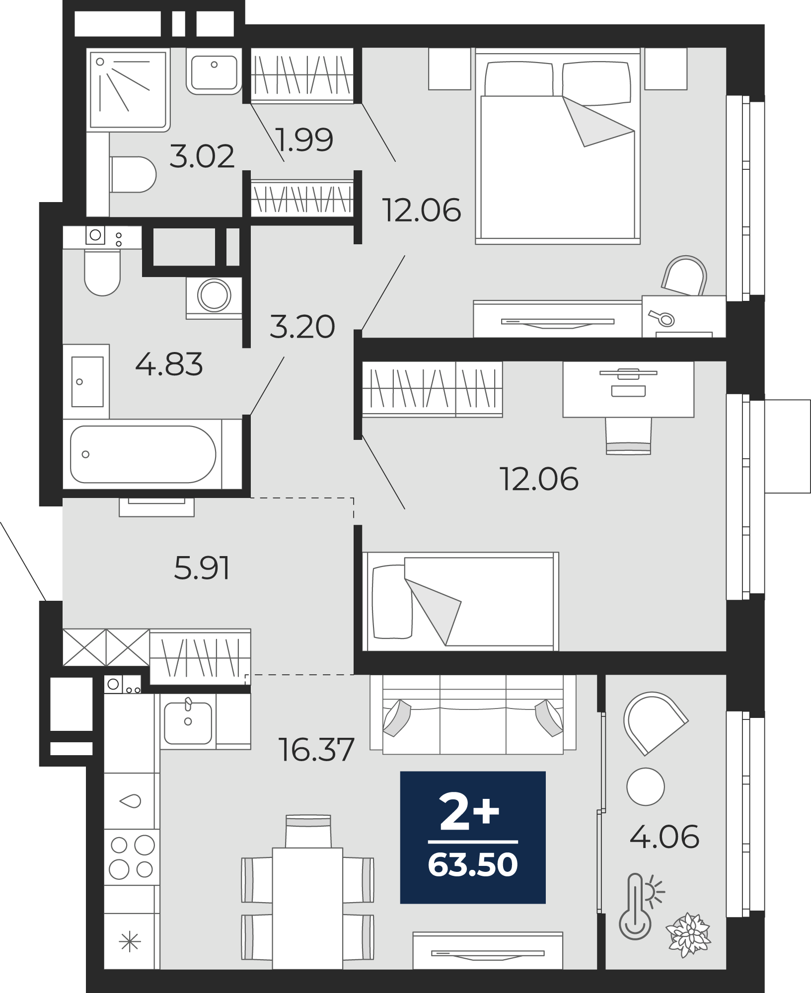 Планировка: Евротрешка 63.5 м² в ЖК Прео, Тюменская слобода