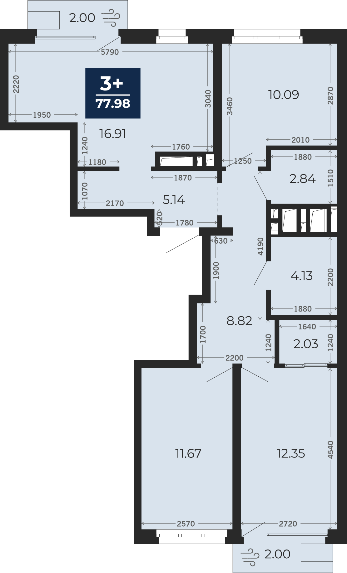 Квартира № 548, 3-комнатная, 75.18 кв. м, 6 этаж