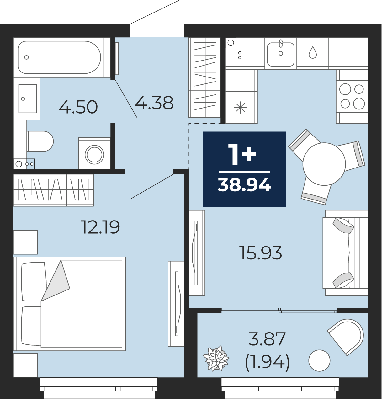 Квартира № 149, 1-комнатная, 38.94 кв. м, 1 этаж