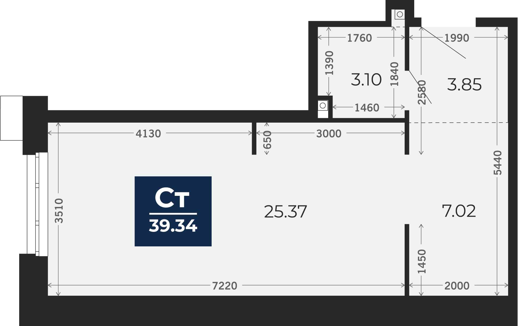 Квартира № 88, Студия, 39.34 кв. м, 2 этаж