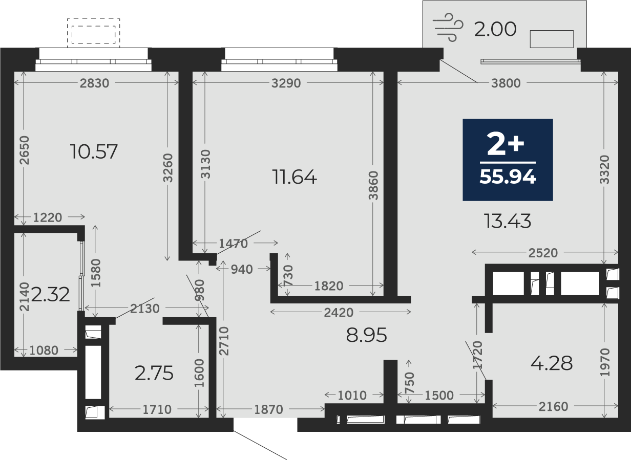 Квартира № 750, 2-комнатная, 55.94 кв. м, 2 этаж