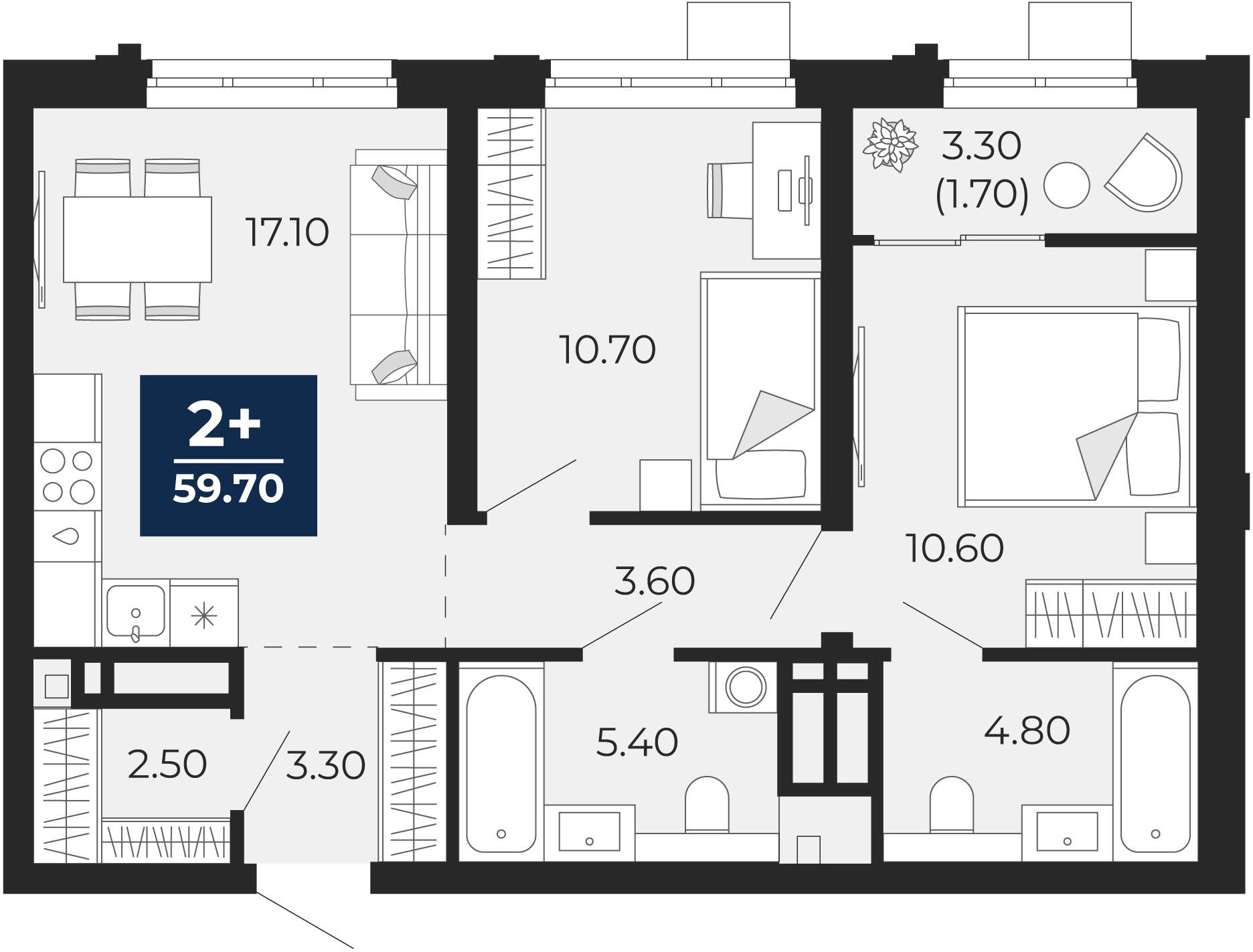 Квартира № 227, 2-комнатная, 59.7 кв. м, 20 этаж