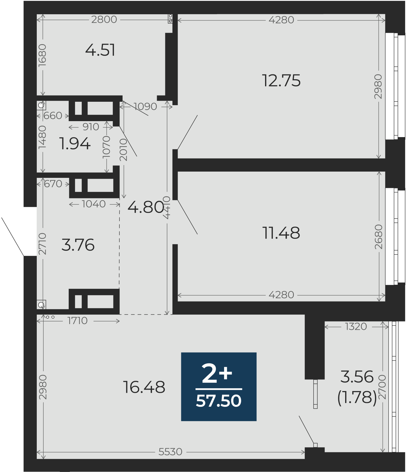 Квартира № 334, 2-комнатная, 57.5 кв. м, 11 этаж