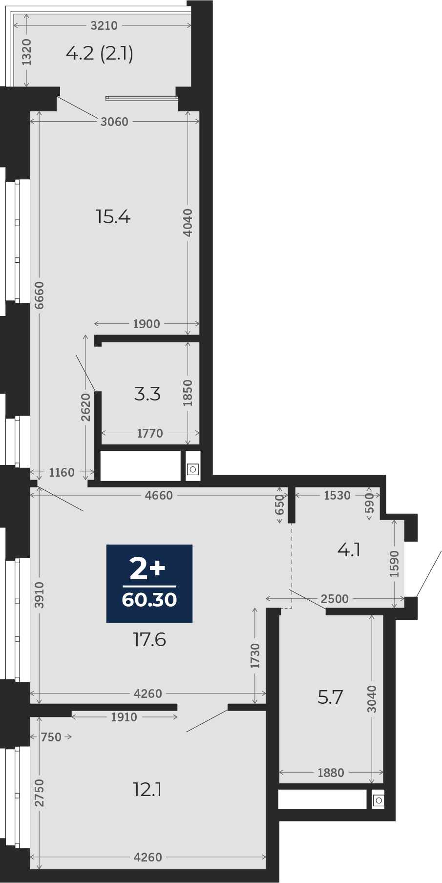 Квартира № 204, 2-комнатная, 62.4 кв. м, 16 этаж