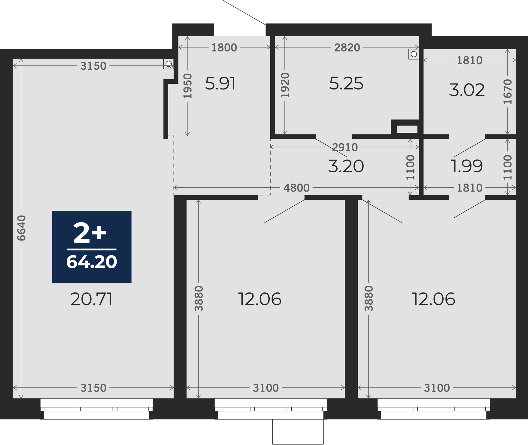 Квартира № 91, 2-комнатная, 64.2 кв. м, 1 этаж