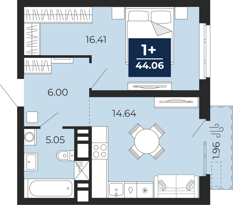Планировка: Евродвушка 43.5 м² в ЖК Мириады, Мыс