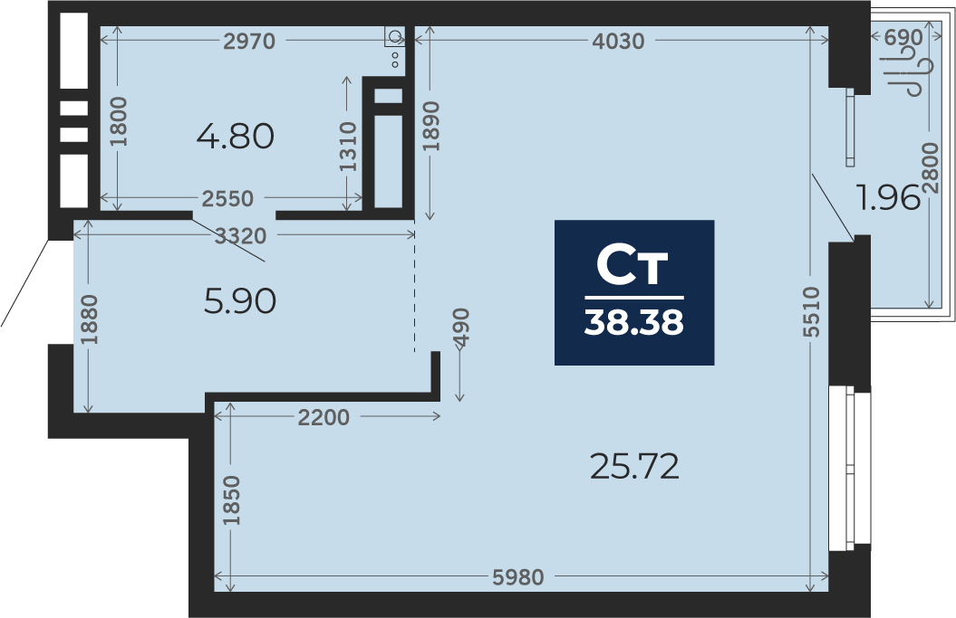 Квартира № 20, Студия, 37.01 кв. м, 4 этаж
