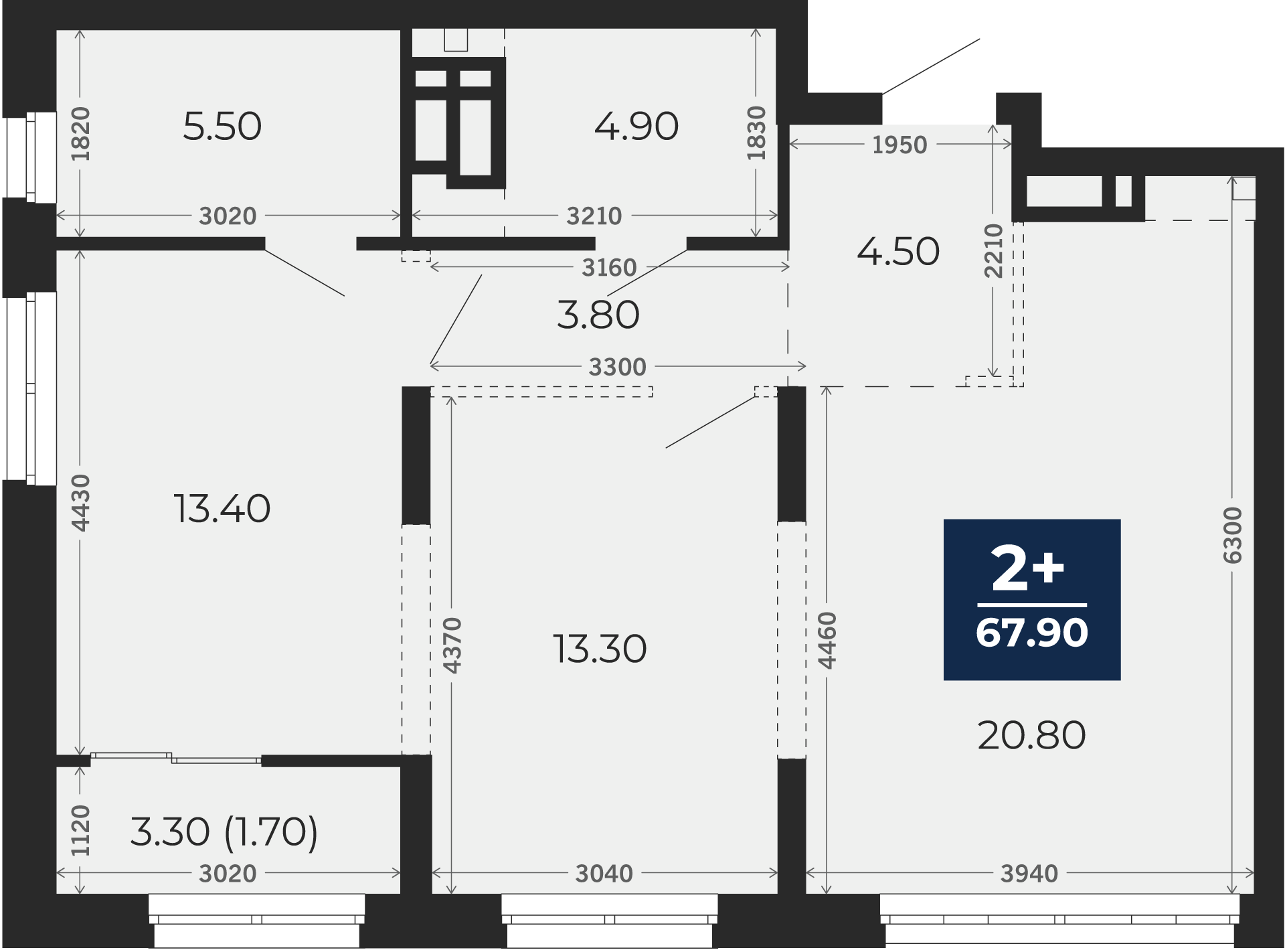 Квартира № 410, 2-комнатная, 67.9 кв. м, 12 этаж