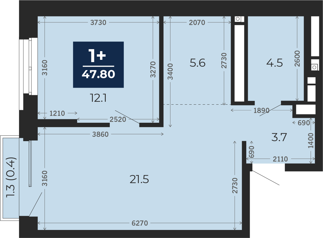 Квартира № 76, 1-комнатная, 48.7 кв. м, 8 этаж