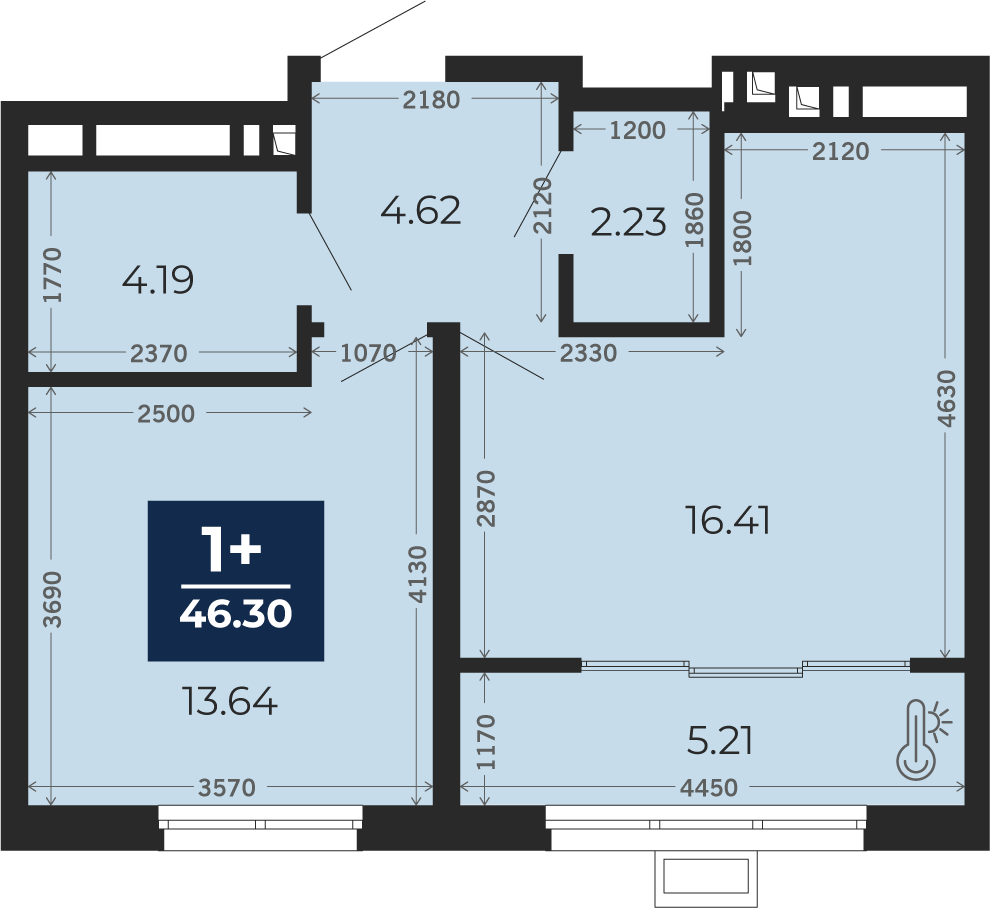 Квартира № 498, 1-комнатная, 46.3 кв. м, 13 этаж