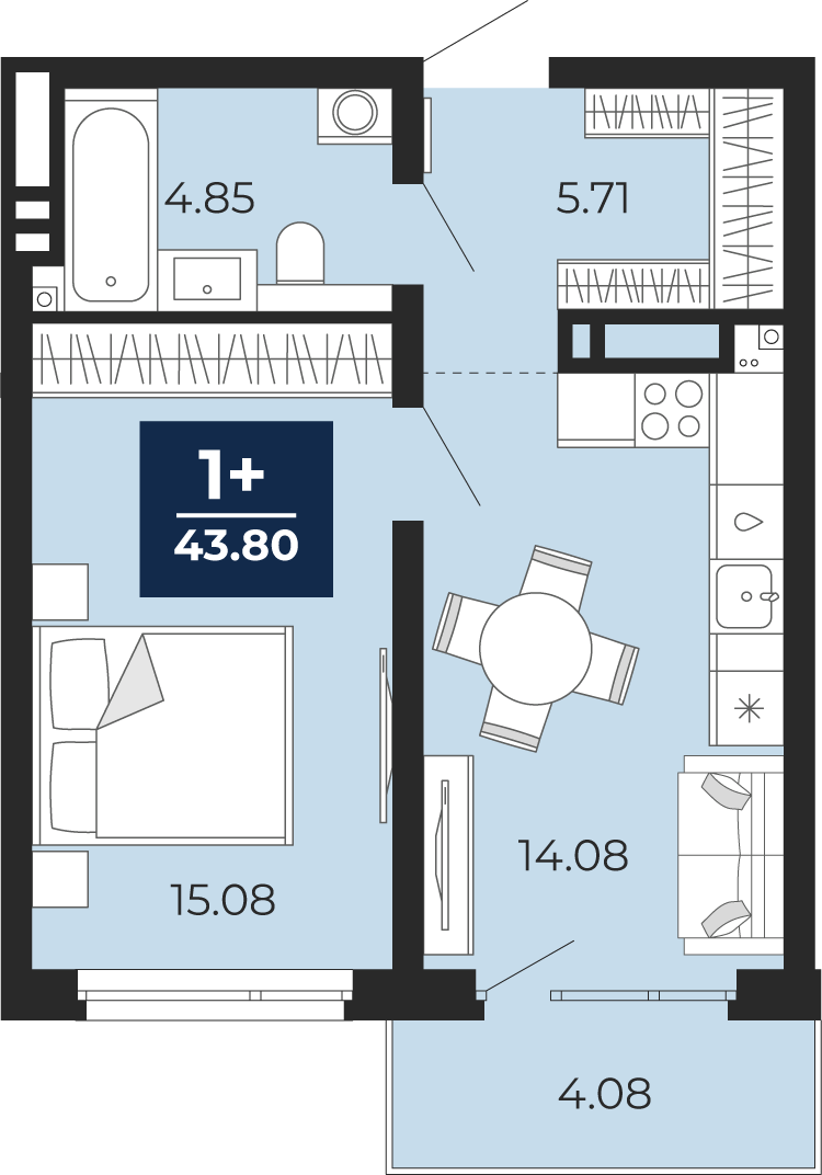 Квартира № 9, 1-комнатная, 43.8 кв. м, 2 этаж