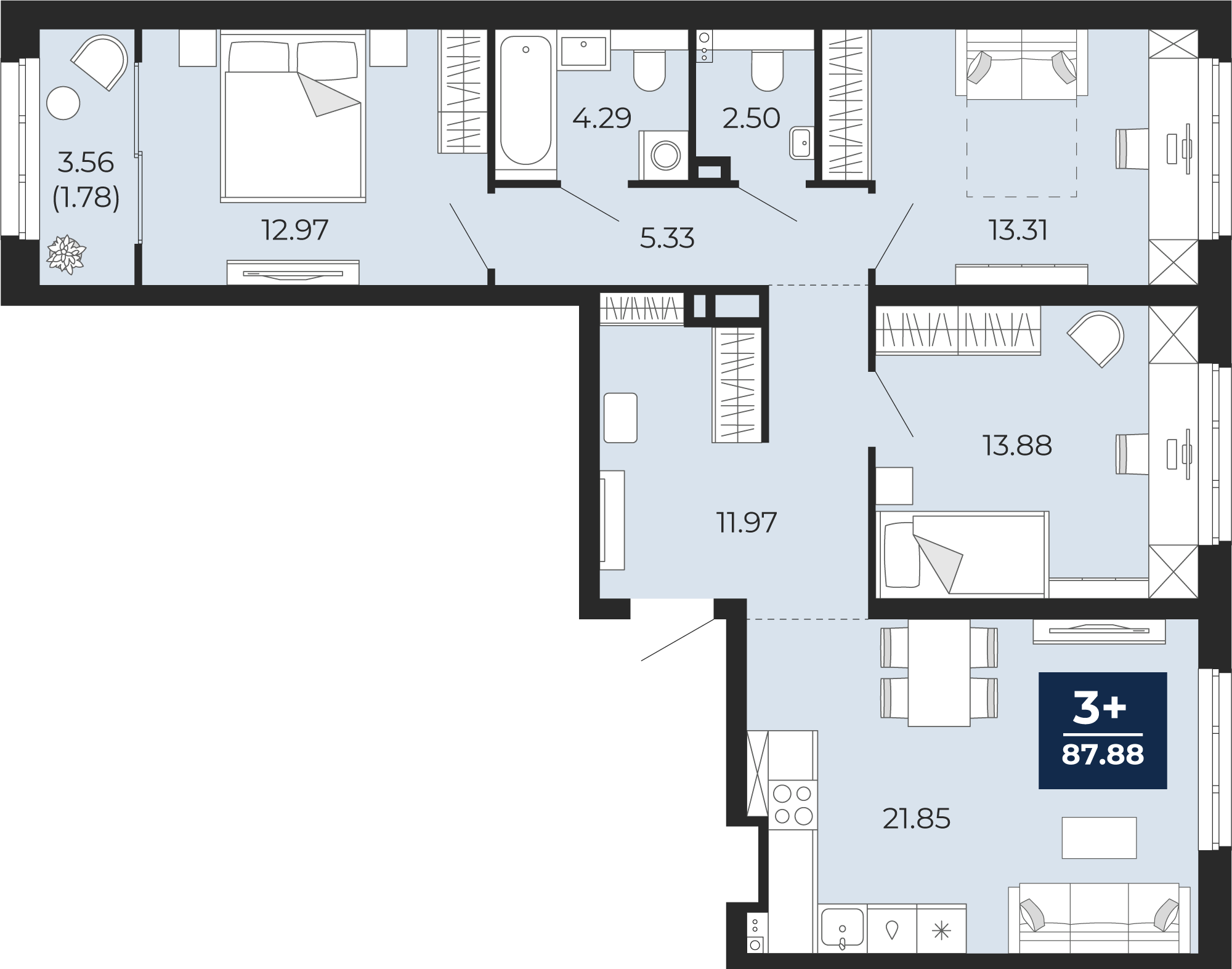 Квартира № 42, 3-комнатная, 87.88 кв. м, 2 этаж