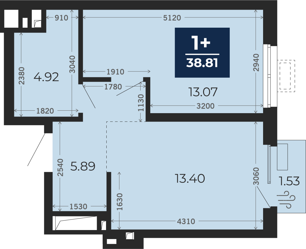 Квартира № 185, 1-комнатная, 37.74 кв. м, 5 этаж