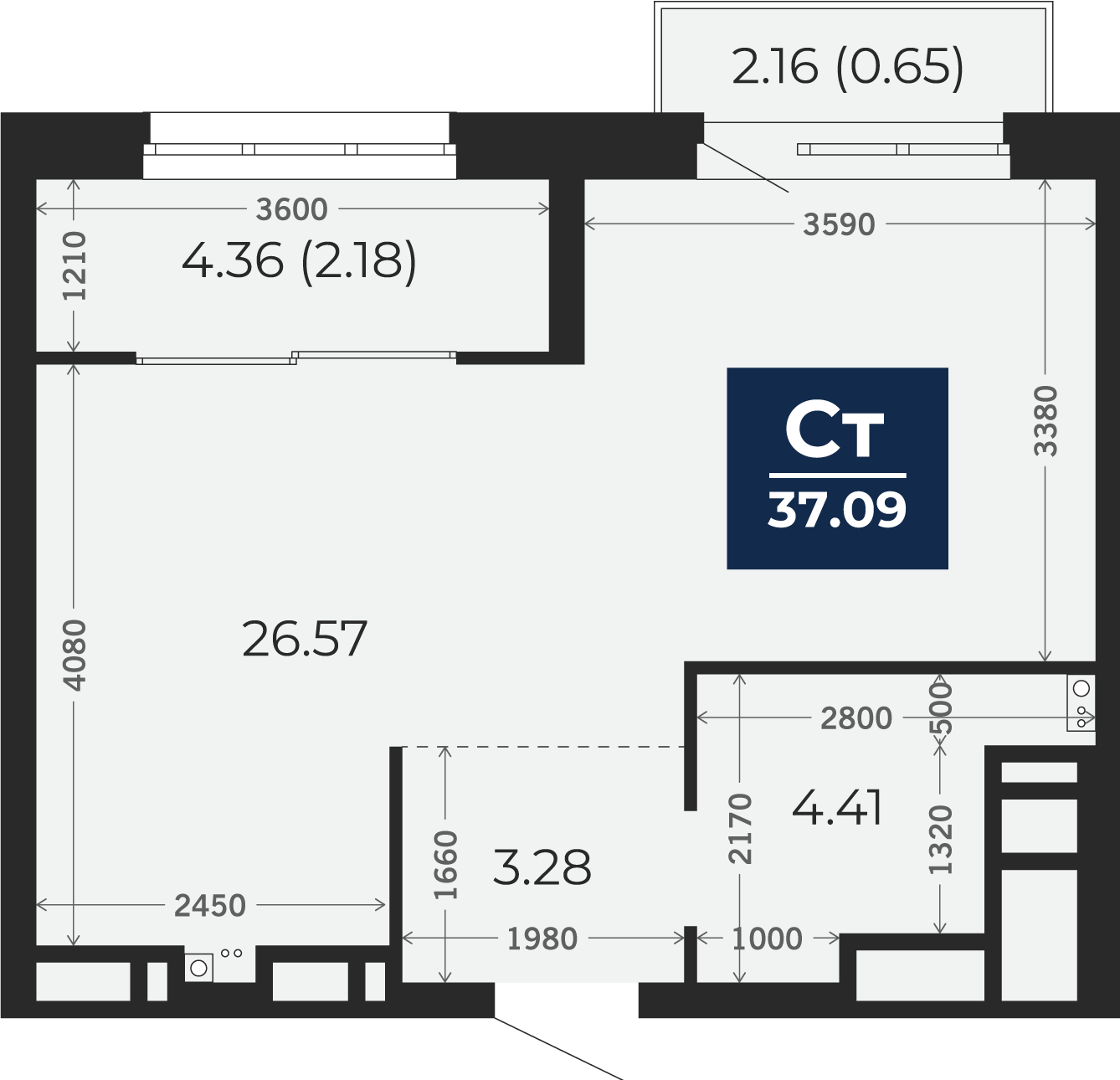 Квартира № 178, Студия, 37.09 кв. м, 5 этаж