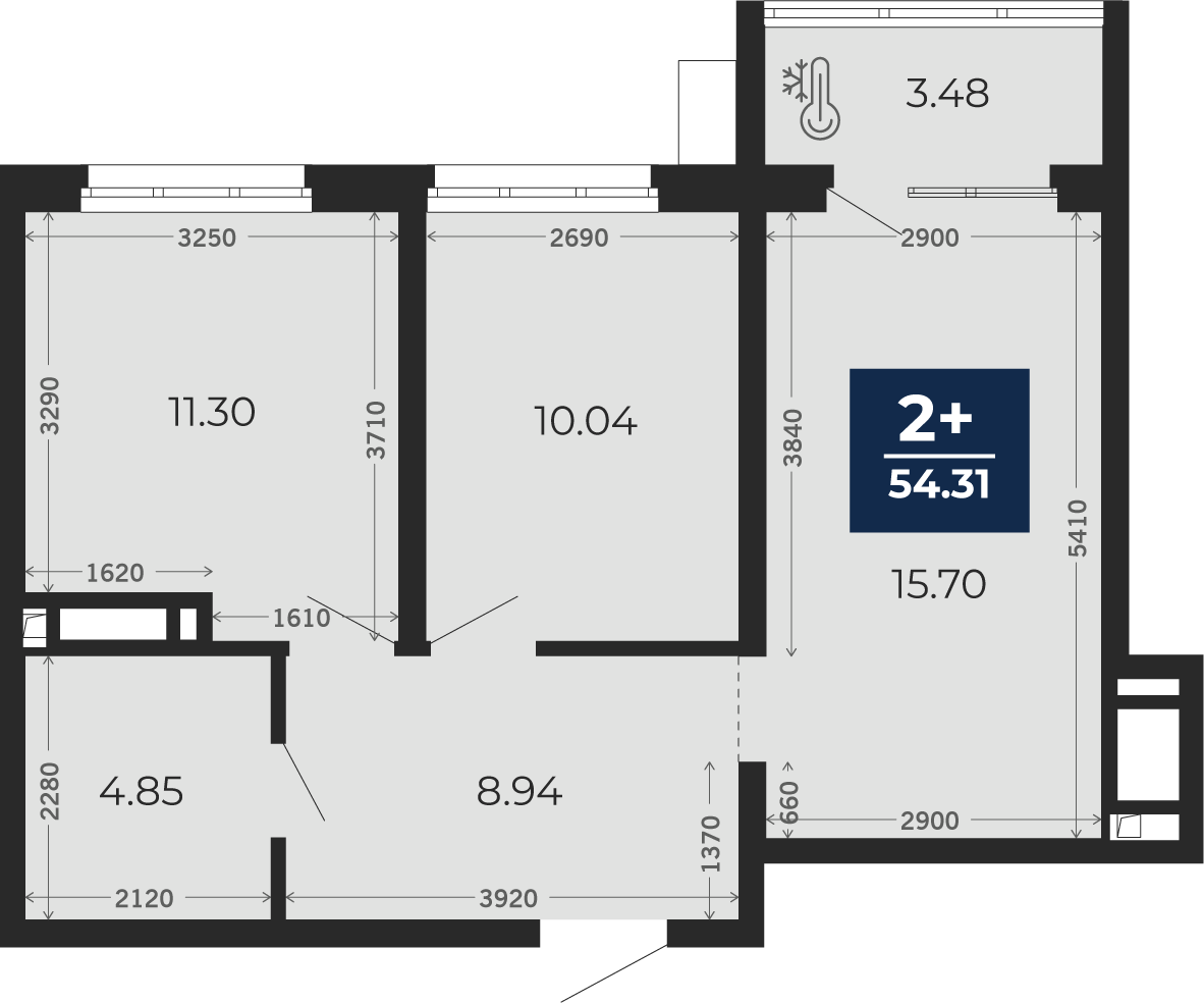 Квартира № 880, 2-комнатная, 52.57 кв. м, 2 этаж