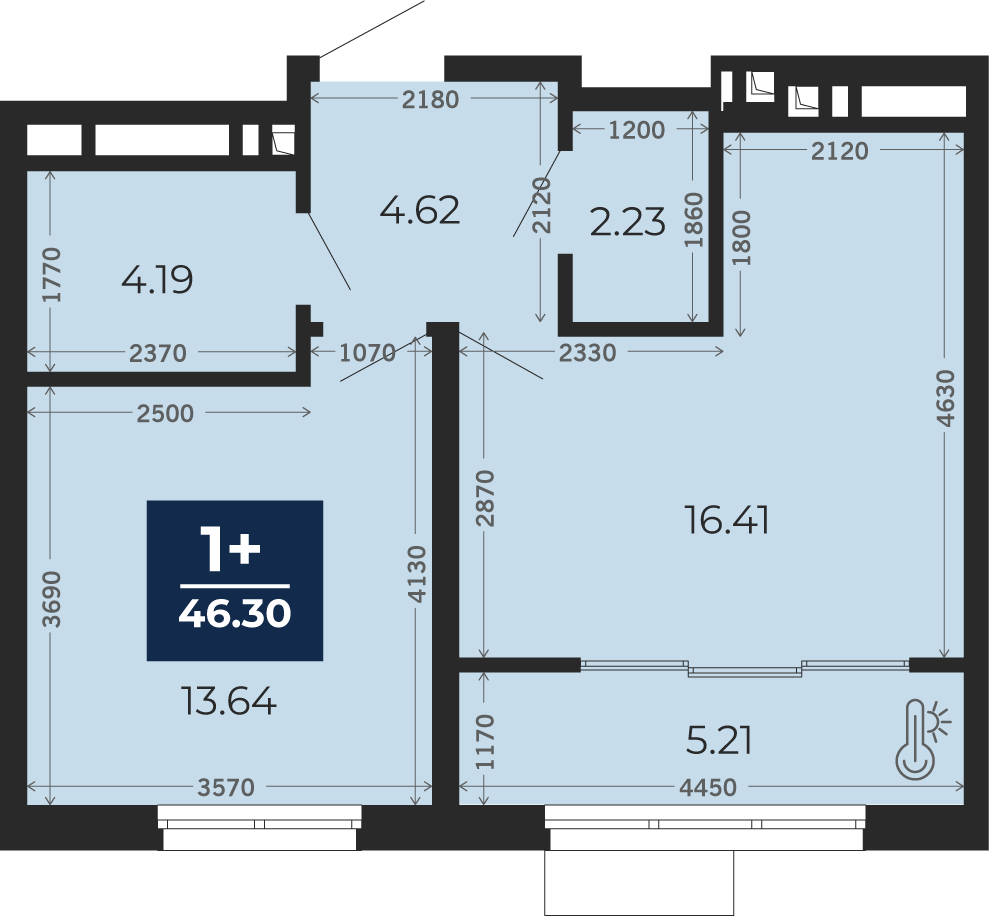 Квартира № 473, 1-комнатная, 46.3 кв. м, 8 этаж