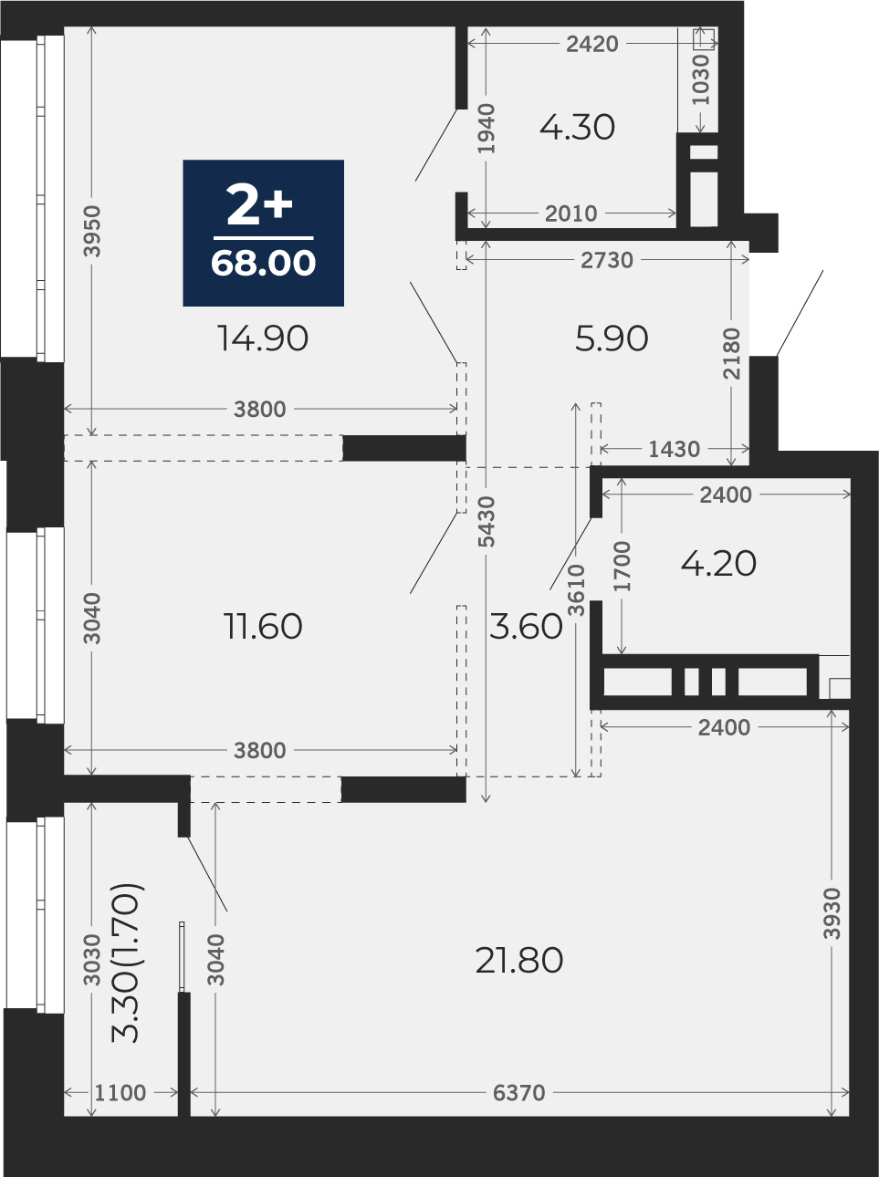 Квартира № 70, 2-комнатная, 68 кв. м, 6 этаж