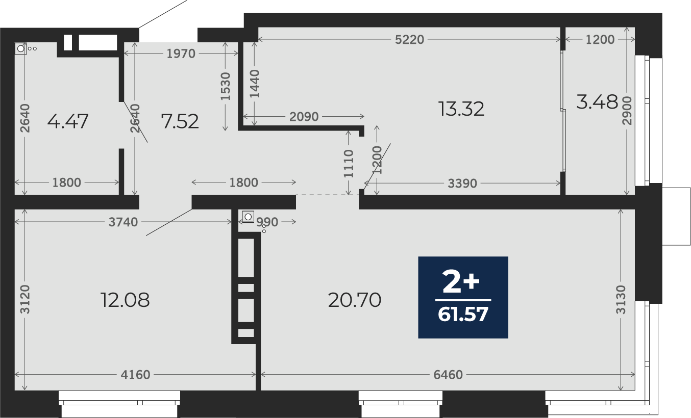 Квартира № 392, 2-комнатная, 61.57 кв. м, 14 этаж