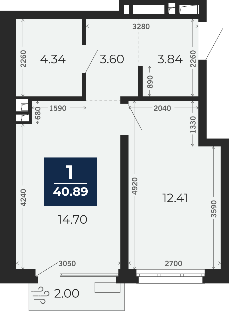 Квартира № 5, 1-комнатная, 40.89 кв. м, 2 этаж