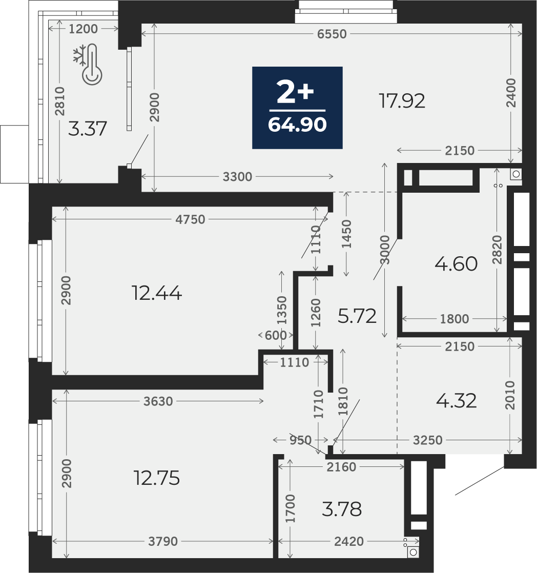 Квартира № 94, 2-комнатная, 63.22 кв. м, 2 этаж