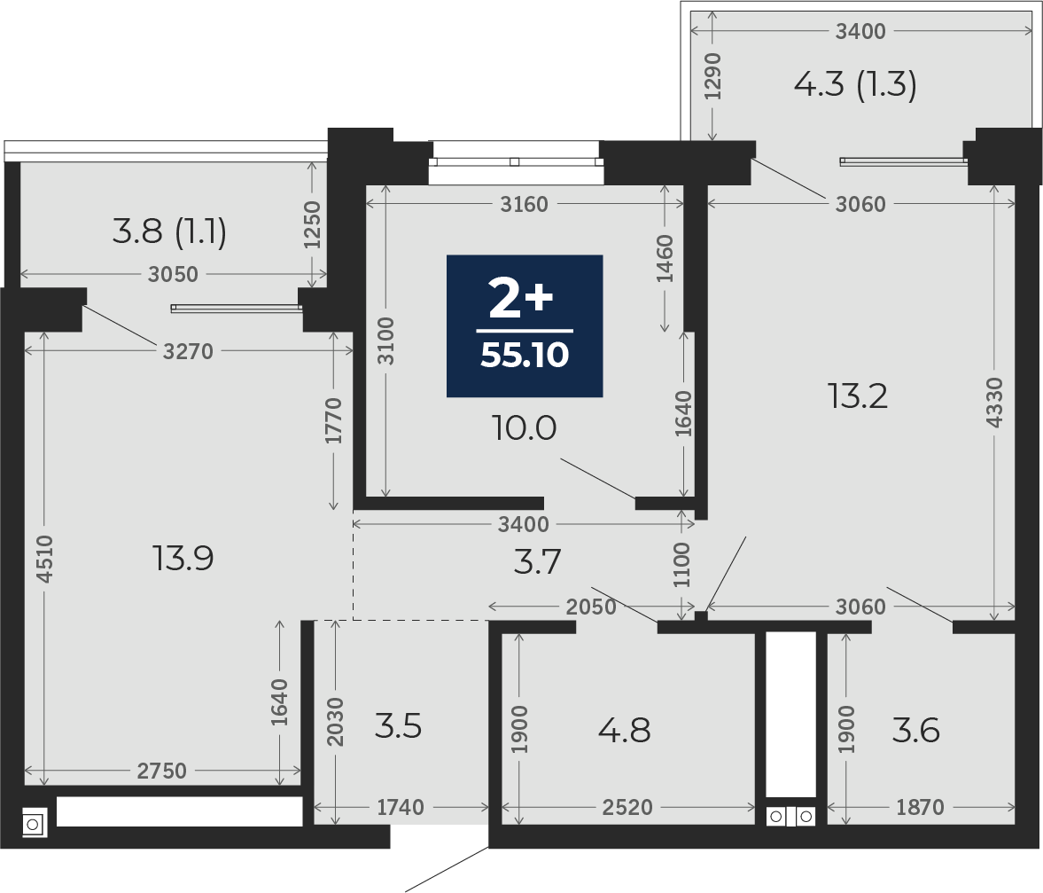 Квартира № 194, 2-комнатная, 55.1 кв. м, 14 этаж