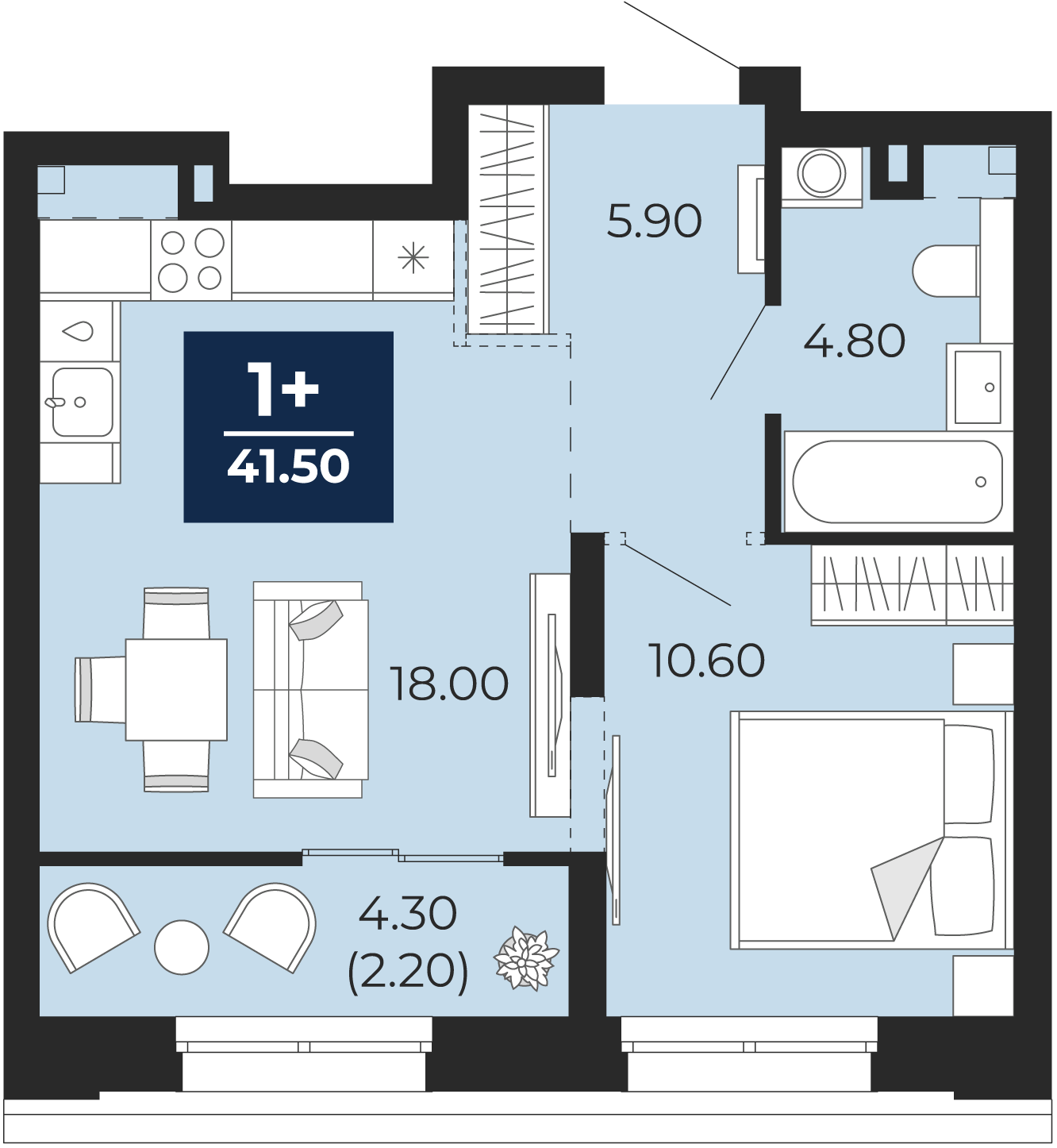 Квартира № 359, 1-комнатная, 41.5 кв. м, 2 этаж