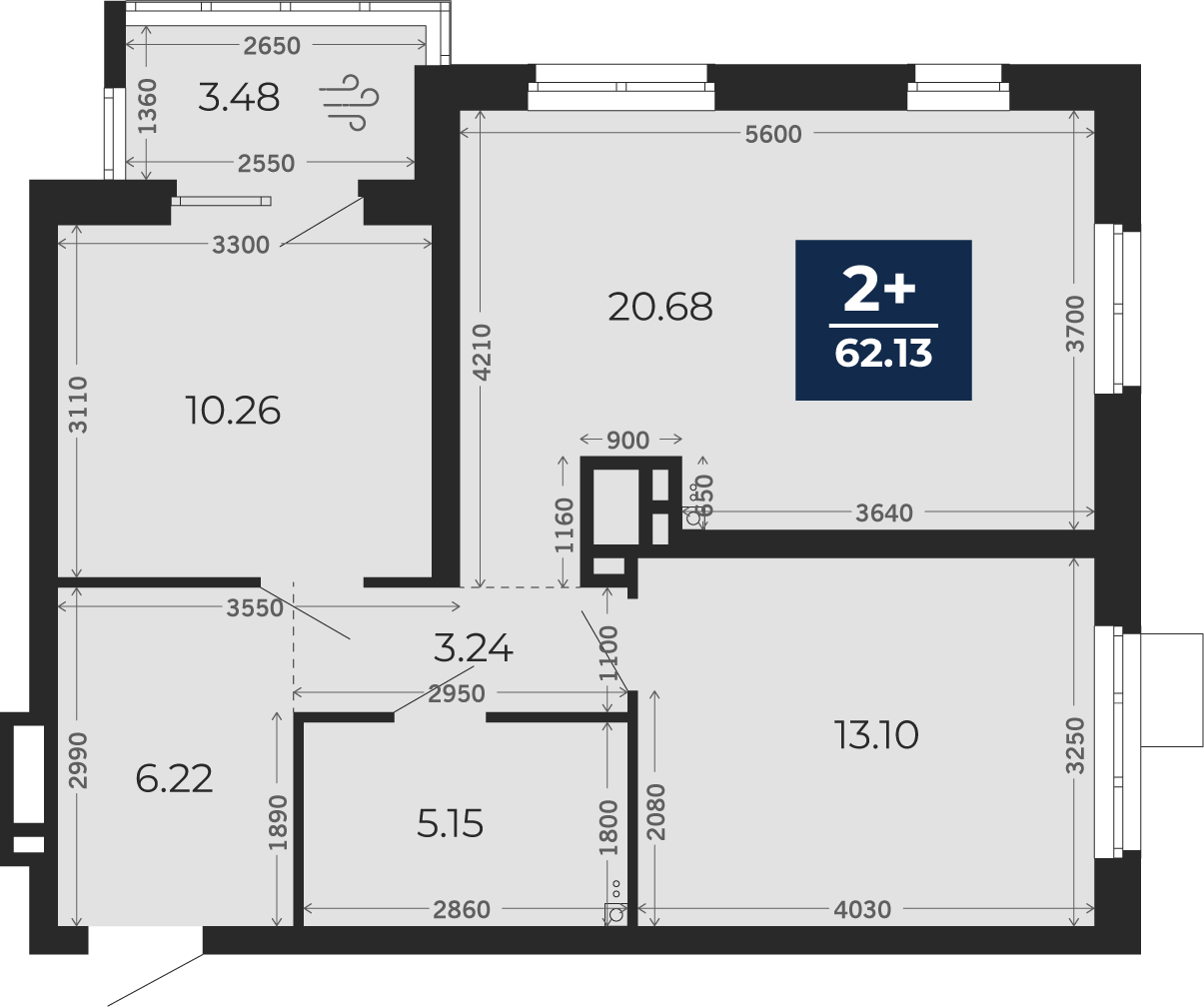 Квартира № 3, 2-комнатная, 59.69 кв. м, 2 этаж