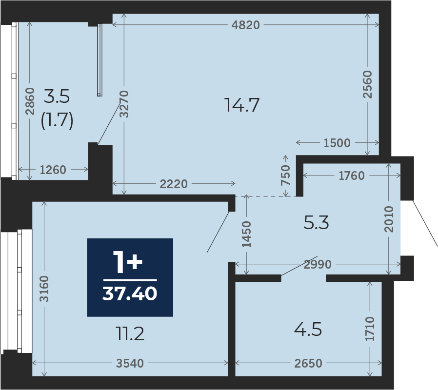 Квартира № 94, 1-комнатная, 39.2 кв. м, 10 этаж