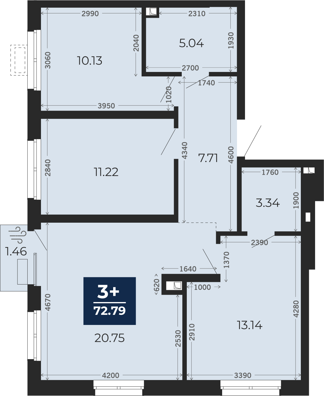 Квартира № 4, 3-комнатная, 72.79 кв. м, 2 этаж