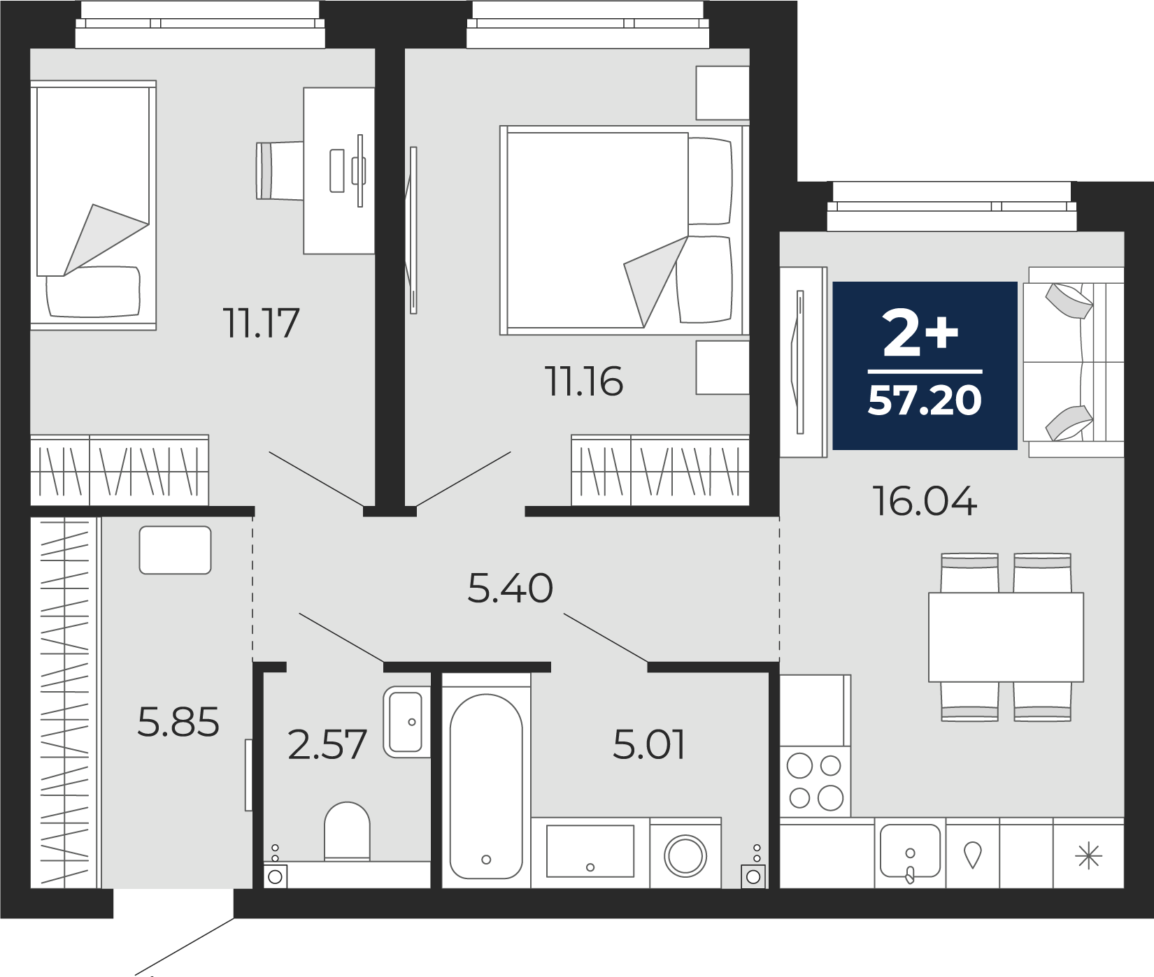 Квартира № 117, 2-комнатная, 57.2 кв. м, 1 этаж