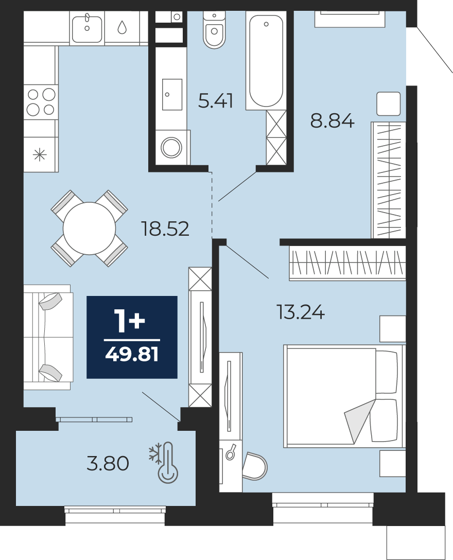 Планировка: Евродвушка 49.8 м² в ЖК Мириады, Мыс