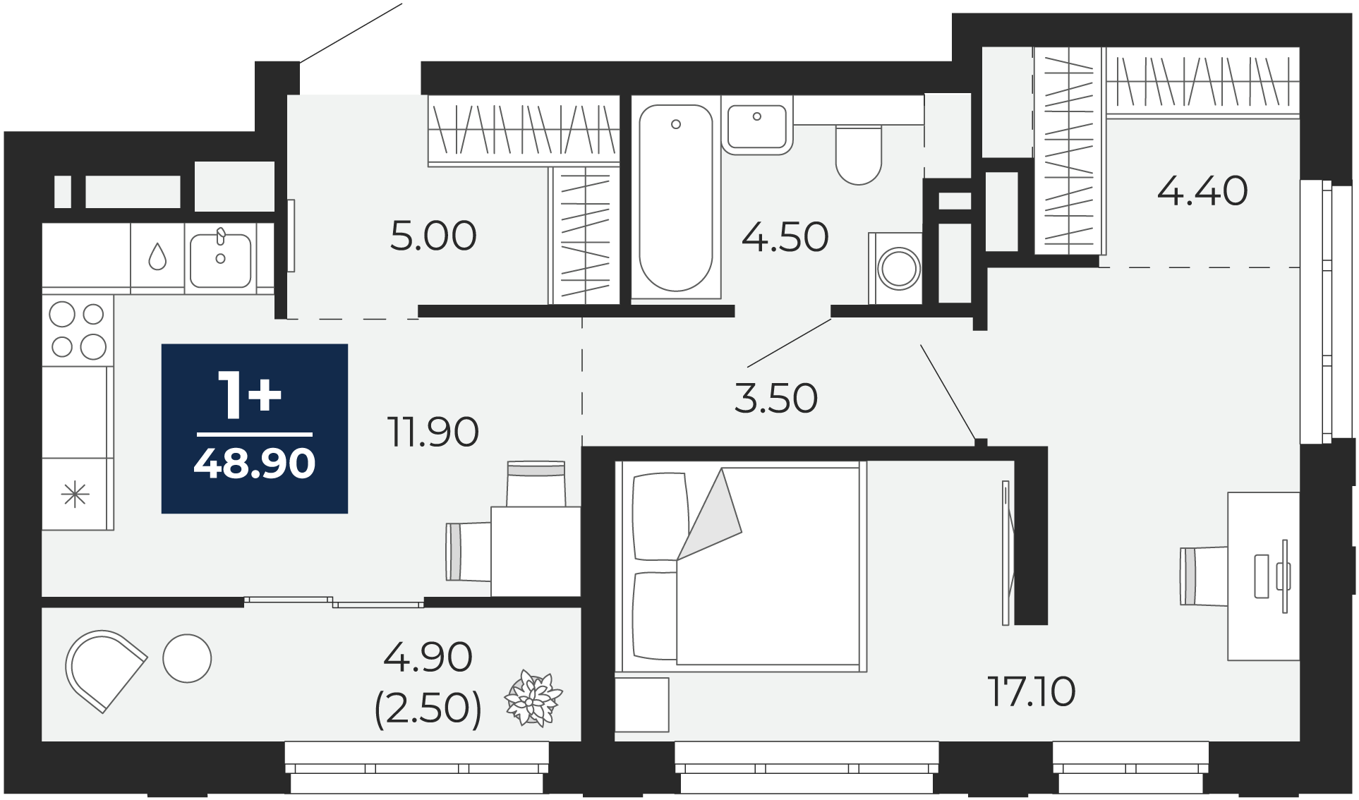 Квартира № 356, 1-комнатная, 48.9 кв. м, 18 этаж