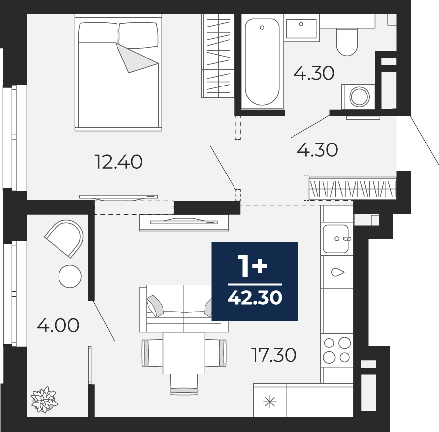 Квартира № 131, 1-комнатная, 42.3 кв. м, 18 этаж