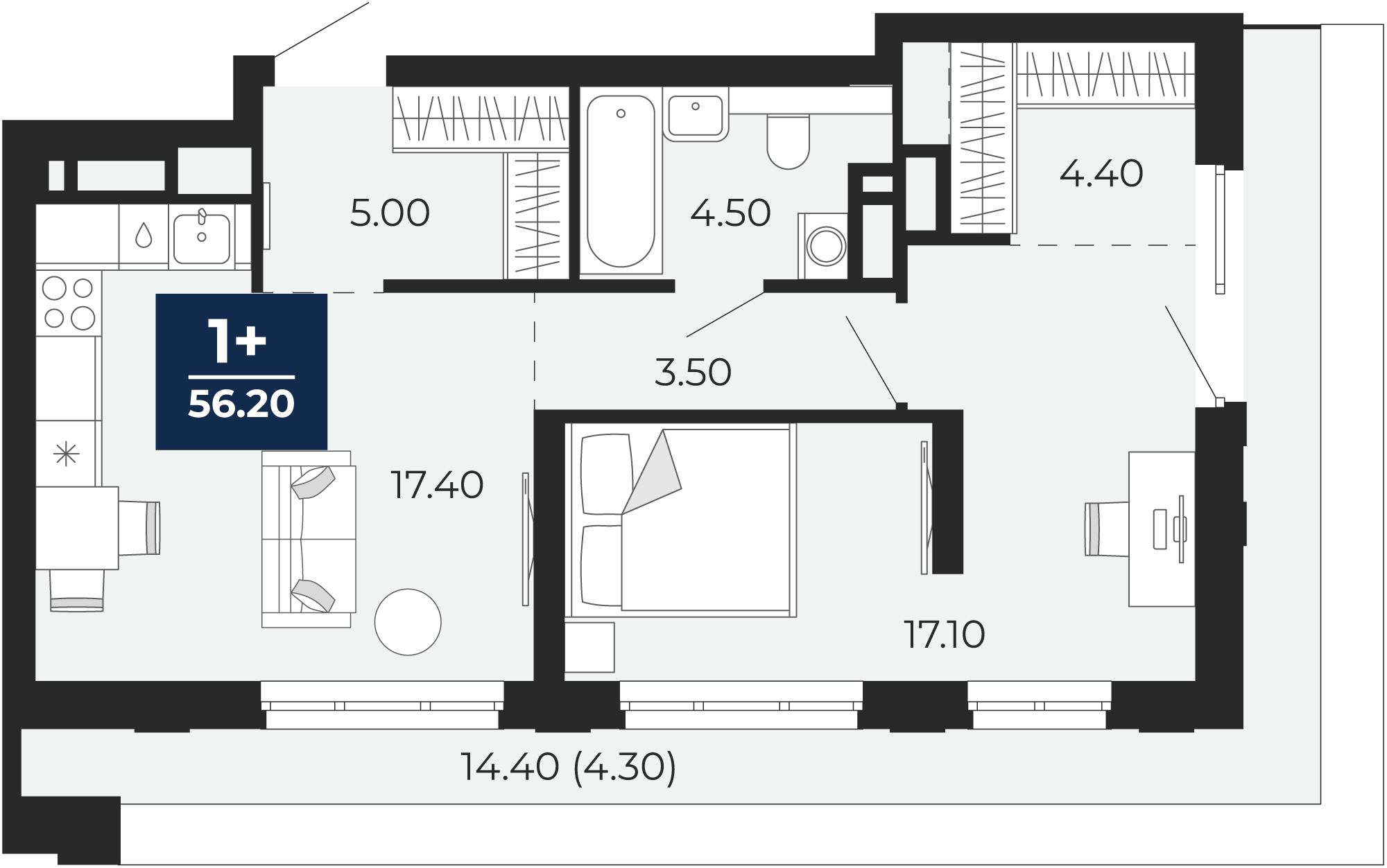 Квартира № 350, 1-комнатная, 66.3 кв. м, 17 этаж
