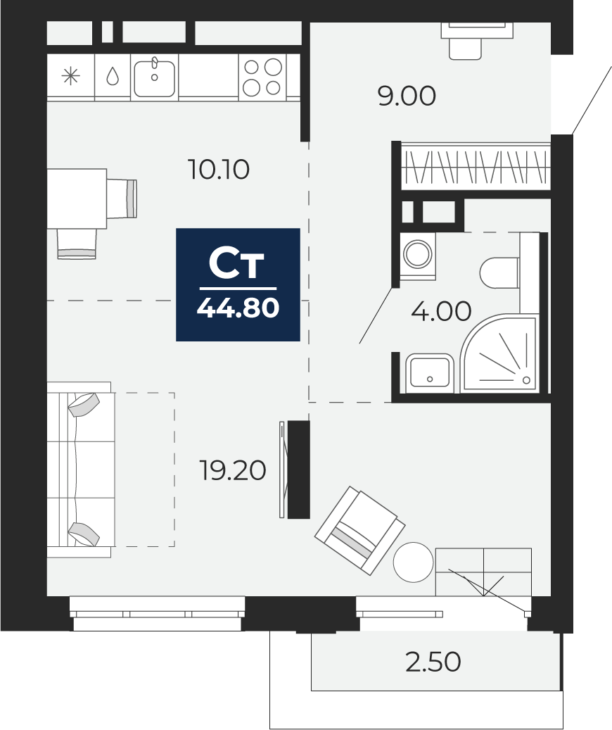 Квартира № 346, Студия, 44.8 кв. м, 17 этаж