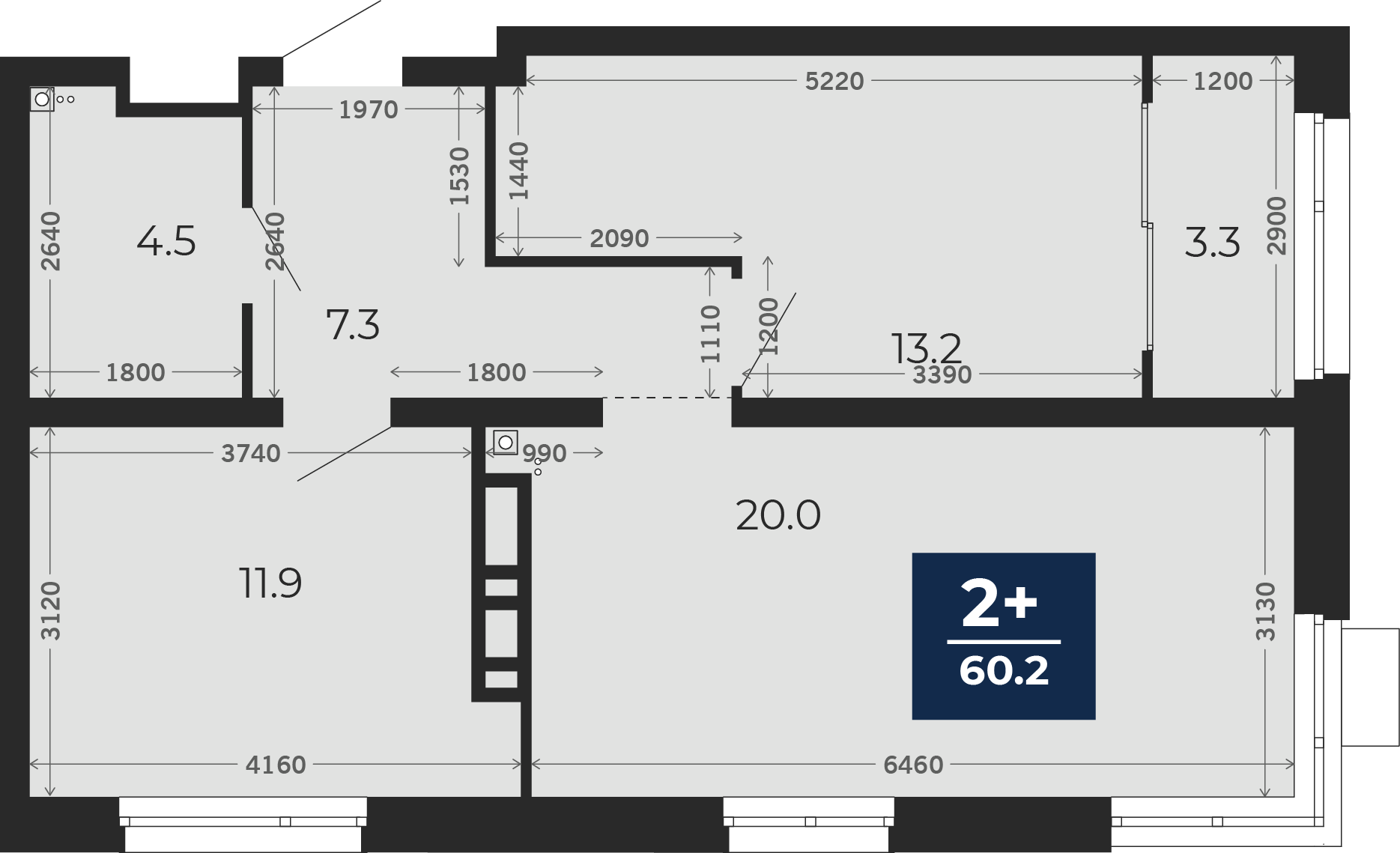 Квартира № 336, 2-комнатная, 61.57 кв. м, 3 этаж