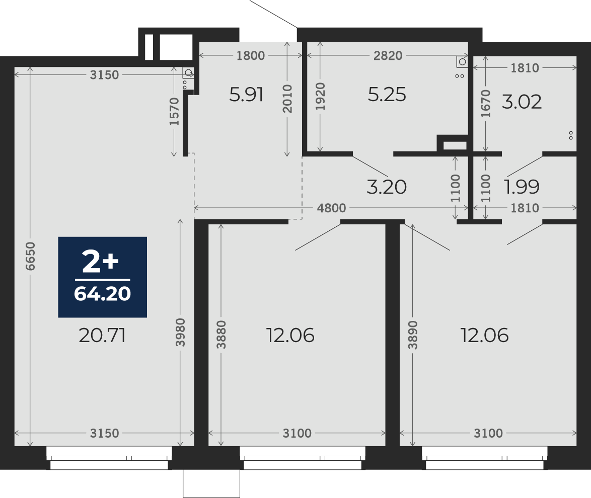 Квартира № 3, 2-комнатная, 64.2 кв. м, 1 этаж