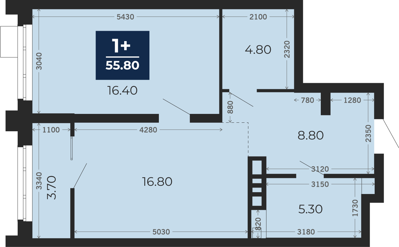 Квартира № 11, 1-комнатная, 55.8 кв. м, 3 этаж