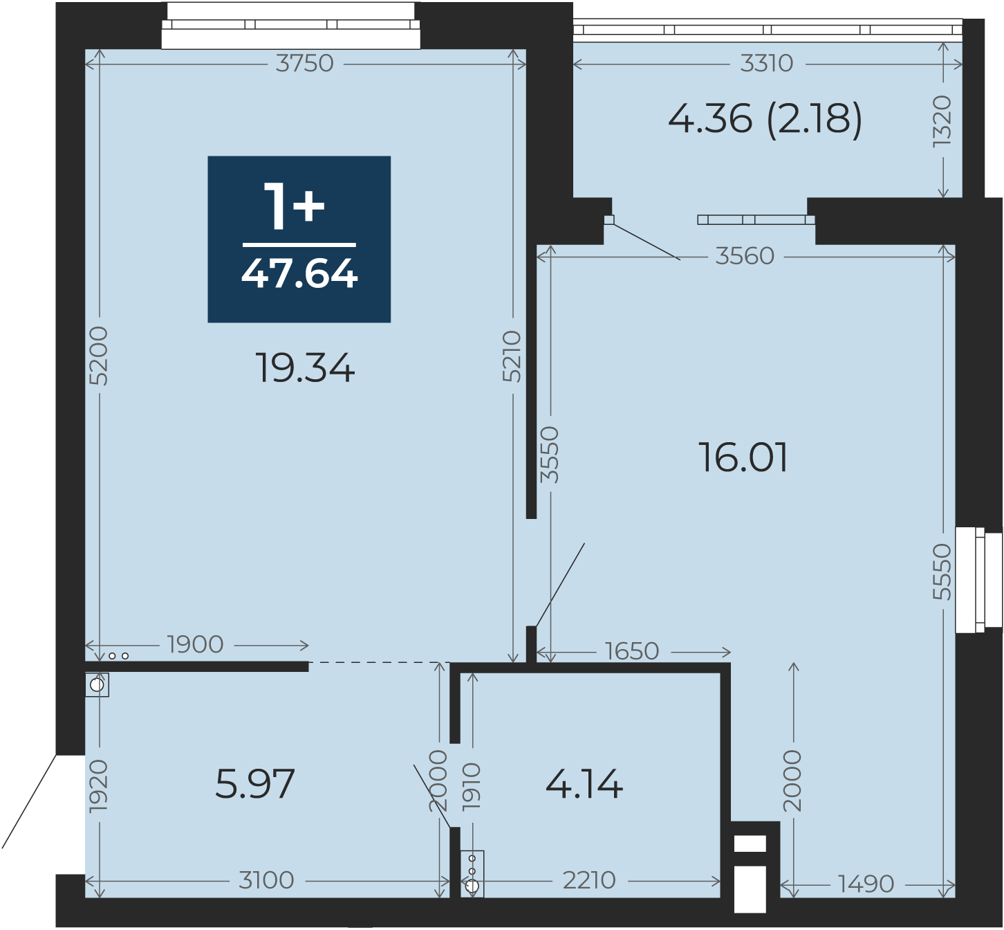 Квартира № 299, 1-комнатная, 47.64 кв. м, 3 этаж